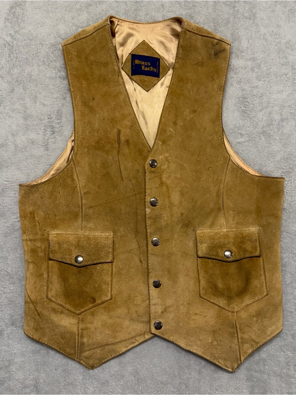 Vintage 80s Brass Tacks Suede Leather Vest Western Cowboy Tan Snap Front Korea